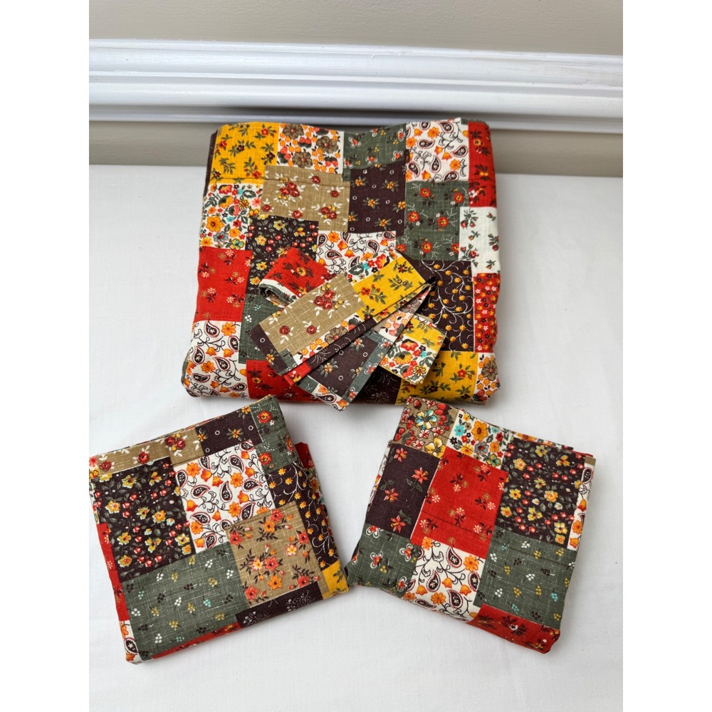 Vintage Patchwork Cotton Shower & Window Curtain Set Floral 70s Calico Pront - Picture 12 of 12
